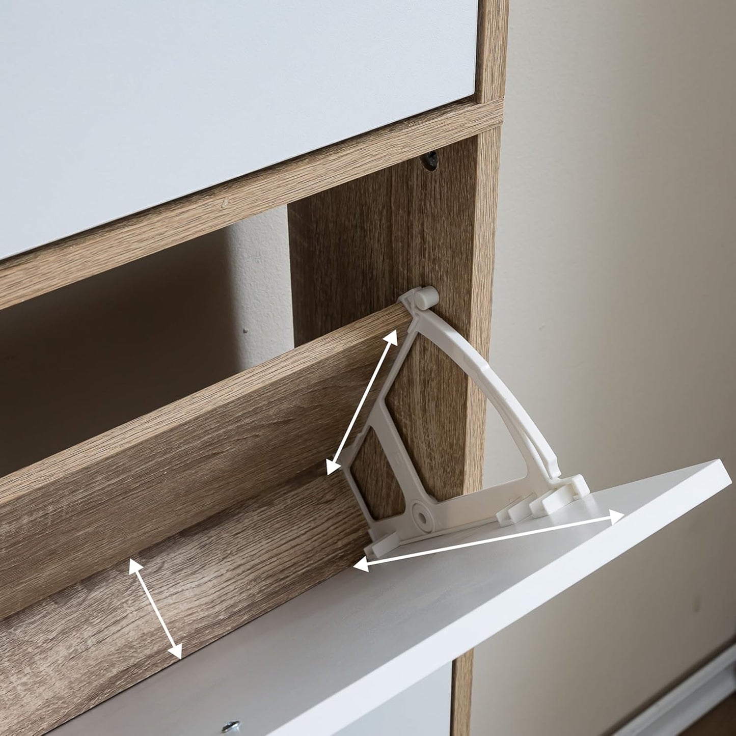 Meuble de Rangement à Chaussures - 15 Paires - 5 abattants - L60xP24xH180 cm - Portes Blanches et Cadre Bois Clair