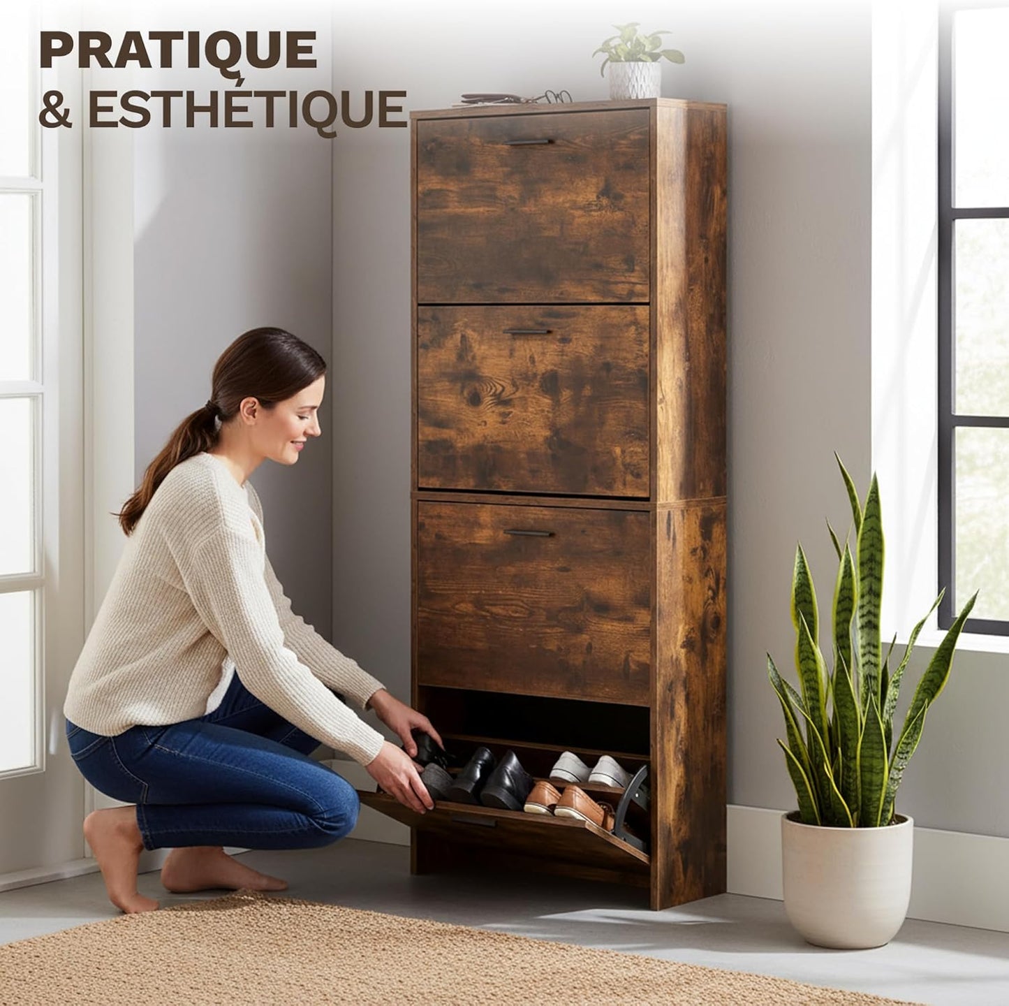 Meuble à Chaussures 24 Paires 4 Abattants – Armoire Étroite 24 cm Gain de Place – Meuble Entrée Bois Rustique 60x24x150 cm