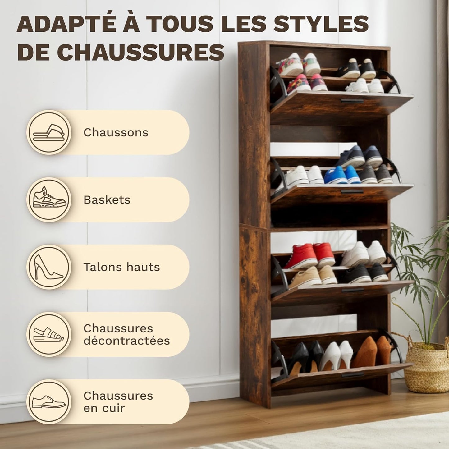 Meuble à Chaussures 24 Paires 4 Abattants – Armoire Étroite 24 cm Gain de Place – Meuble Entrée Bois Rustique 60x24x150 cm