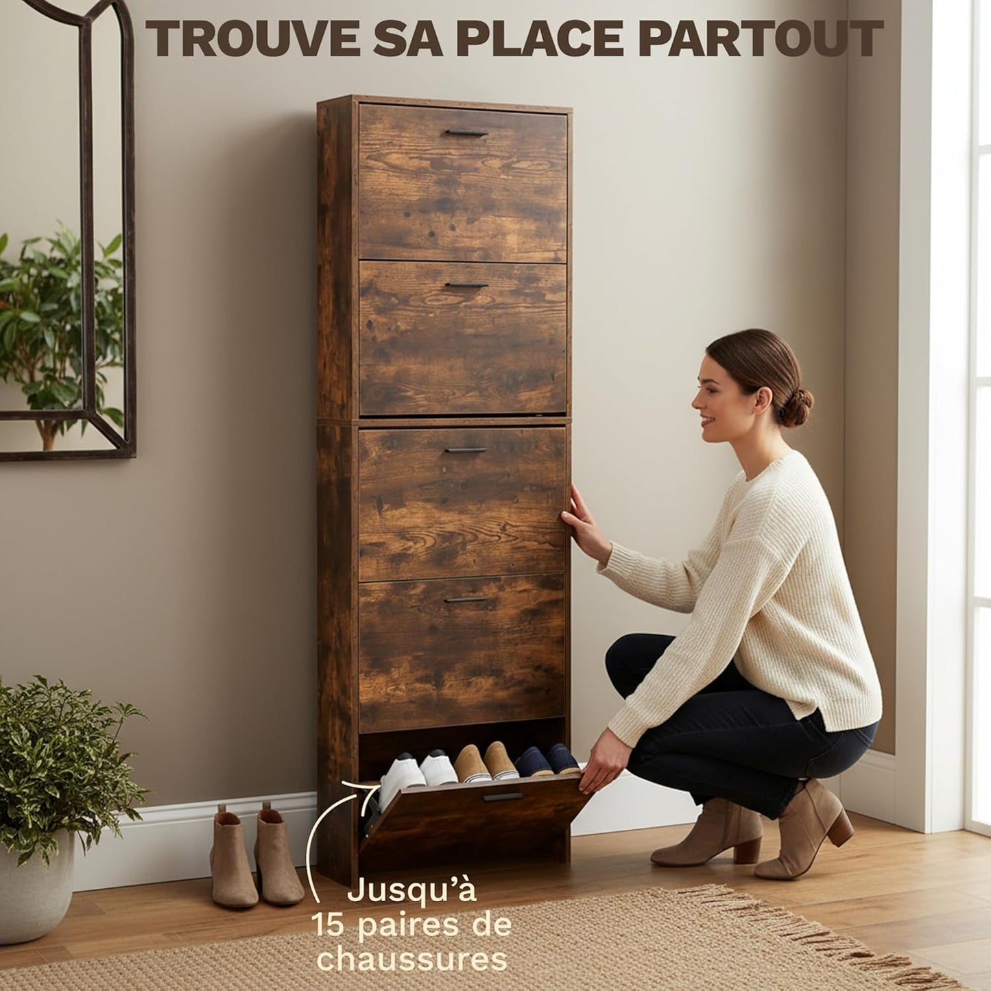 Meuble de Rangement à Chaussures - 15 Paires - 5 abattants - Dimensions : L60xP24xH180 cm - Couleur Rustique