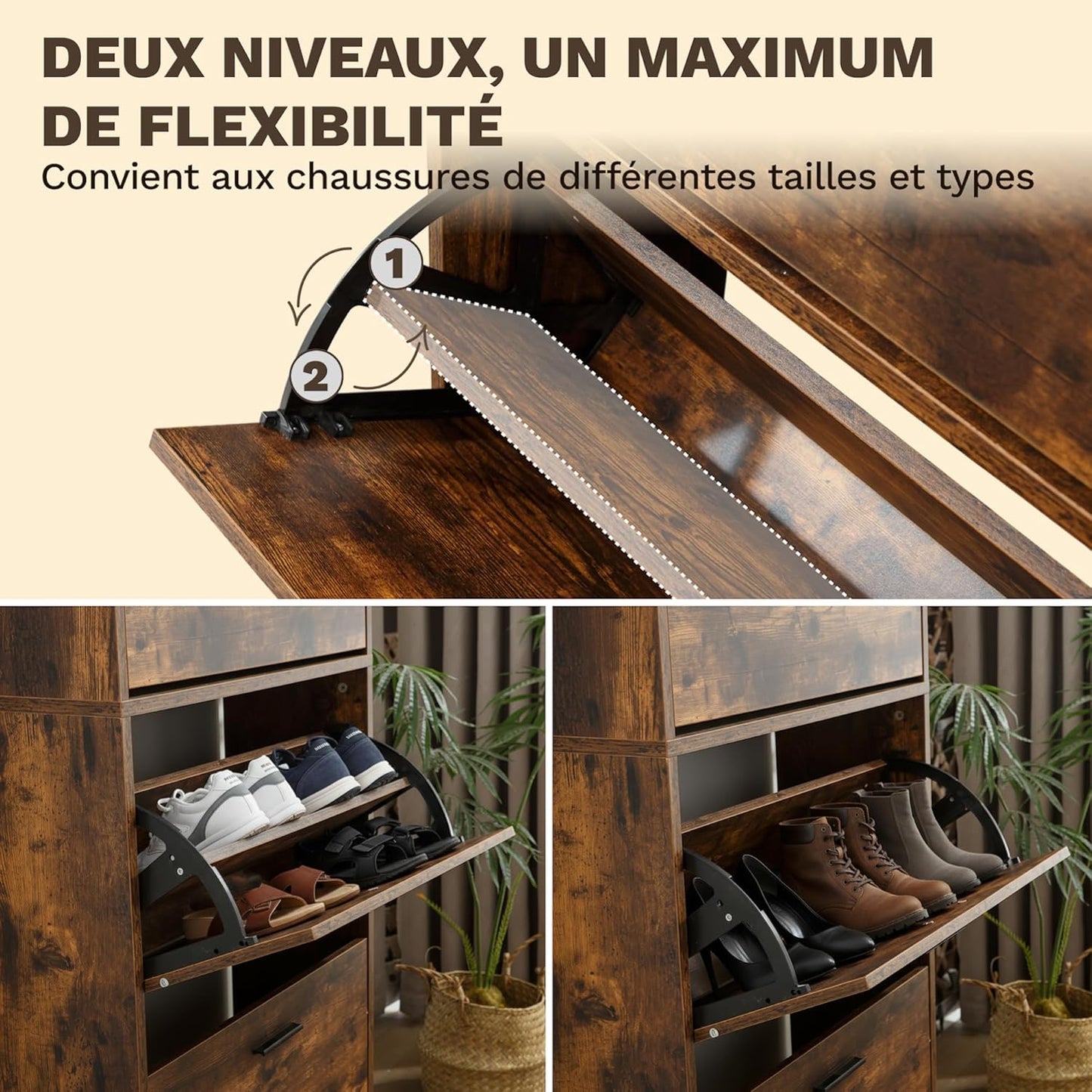 Meuble à Chaussures 24 Paires 4 Abattants – Armoire Étroite 24 cm Gain de Place – Meuble Entrée Bois Rustique 60x24x150 cm