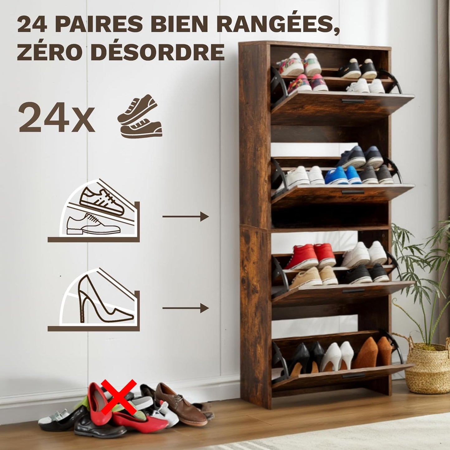 Meuble à Chaussures 24 Paires 4 Abattants – Armoire Étroite 24 cm Gain de Place – Meuble Entrée Bois Rustique 60x24x150 cm