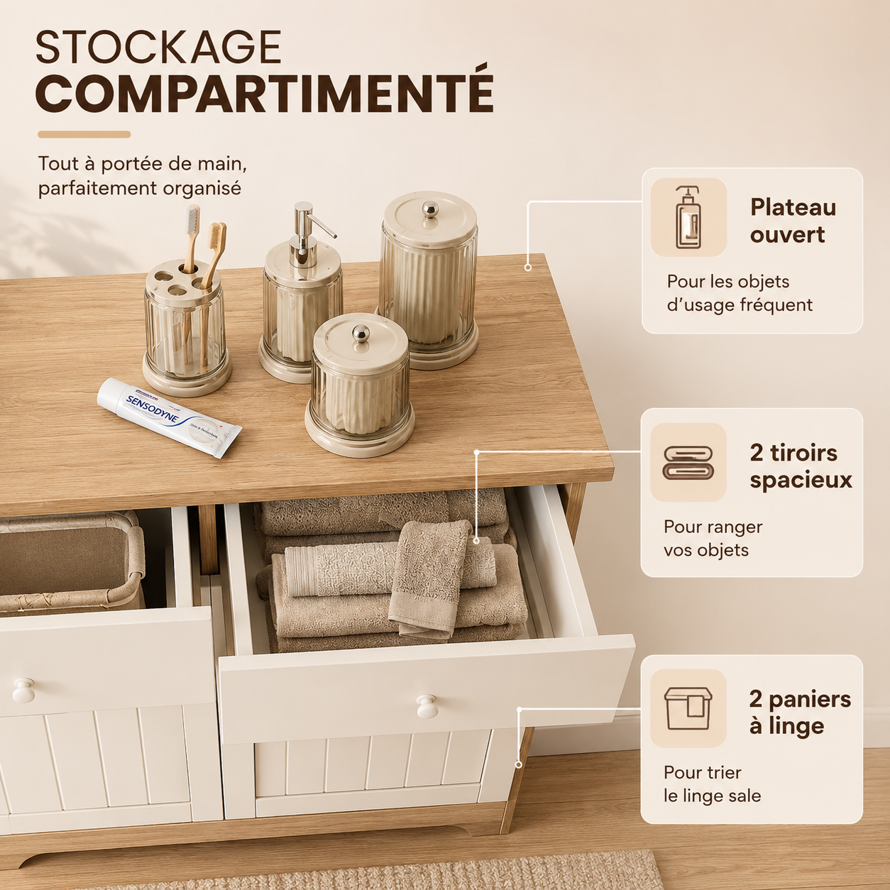 Meuble à Linge 45L, Armoire à Linge 2 Compartiments en Bois avec Paniers Amovibles