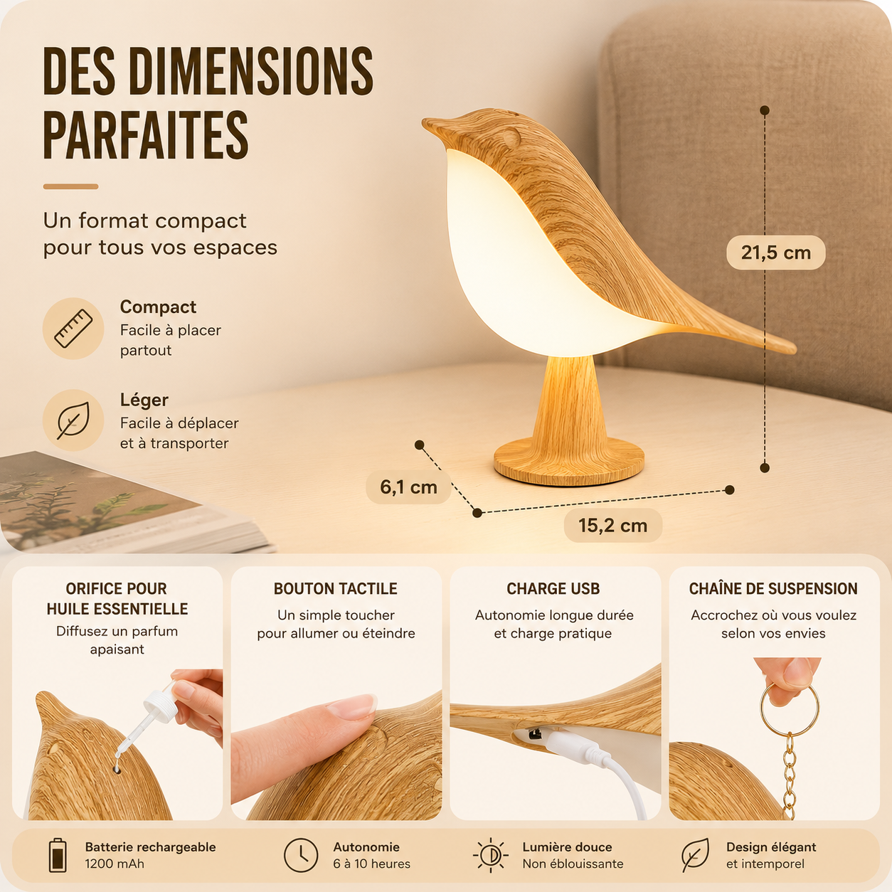 Lot de 2 Lampes de Nuit Tactiles Oiseau - LED - 6W, 3 Couleurs Ajustables - ABS+PC - Autonomie 8-10h - Blanc
