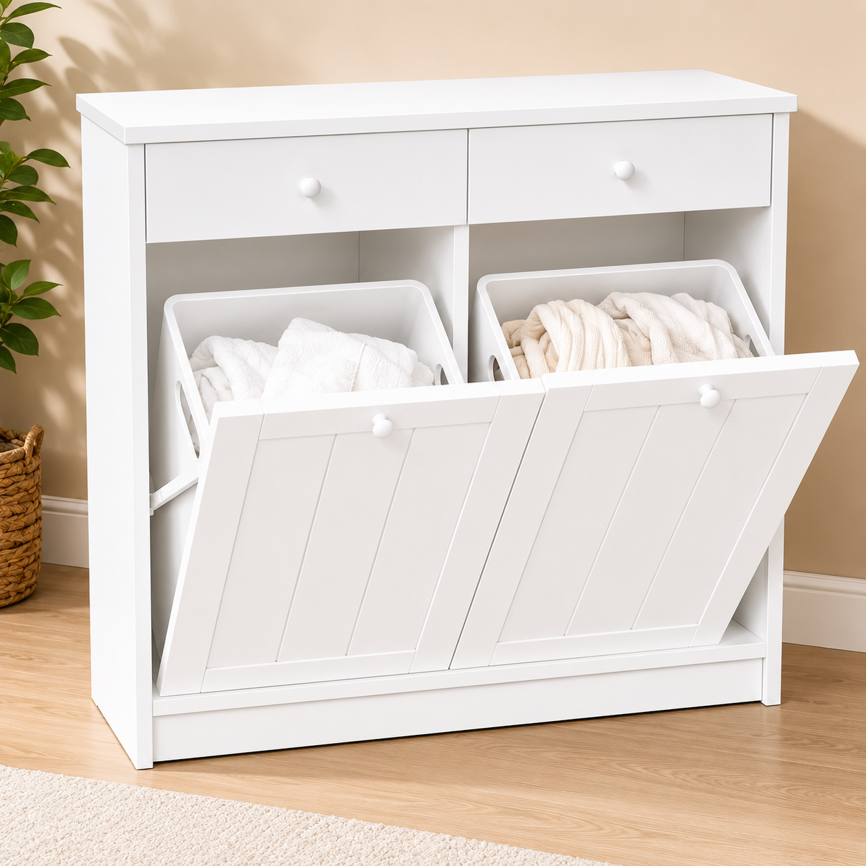 Meuble à Linge 45L, Armoire à Linge 2 Compartiments avec Paniers Amovibles couleur Bois Blanc