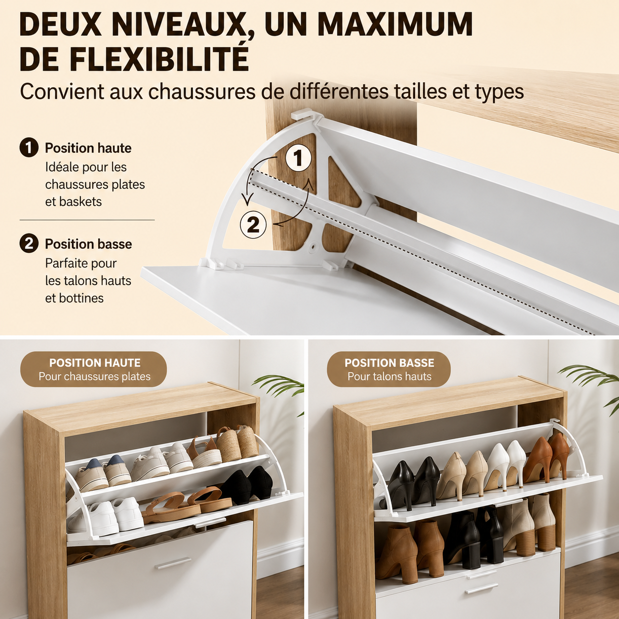 Meuble à Chaussures 2 Étagères 12 Paires Portes Blanches et Cadre Bois Clair (89.5 × 41 × 13 cm)