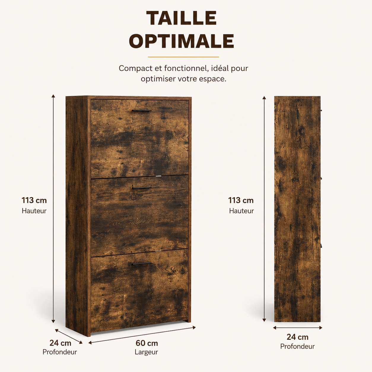 Meuble de Rangement à Chaussures - 18 Paires - 3 abattants - Dimensions : L60xP24xH80 cm - Couleur Rustique