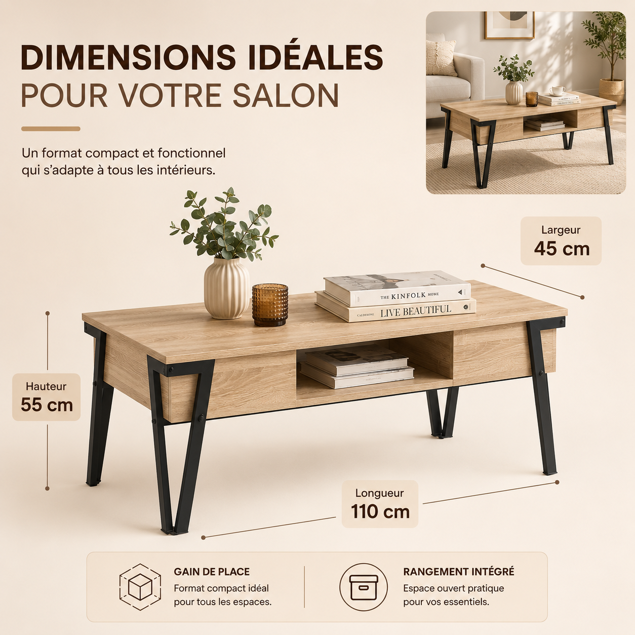 Table Basse Rectangulaire 110x55x45 cm – Acier Noir, Plateau Bois – Design Moderne pour Salon, Bureau ou Espace de Vie