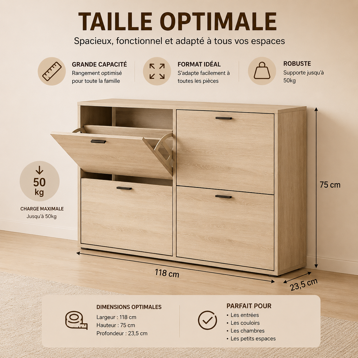 Meuble à Chaussures double 24 Paires 4 Abattants Ultra Slim 23,5 cm Gain de Place Entrée Bois Clair 118x23,5x75 cm