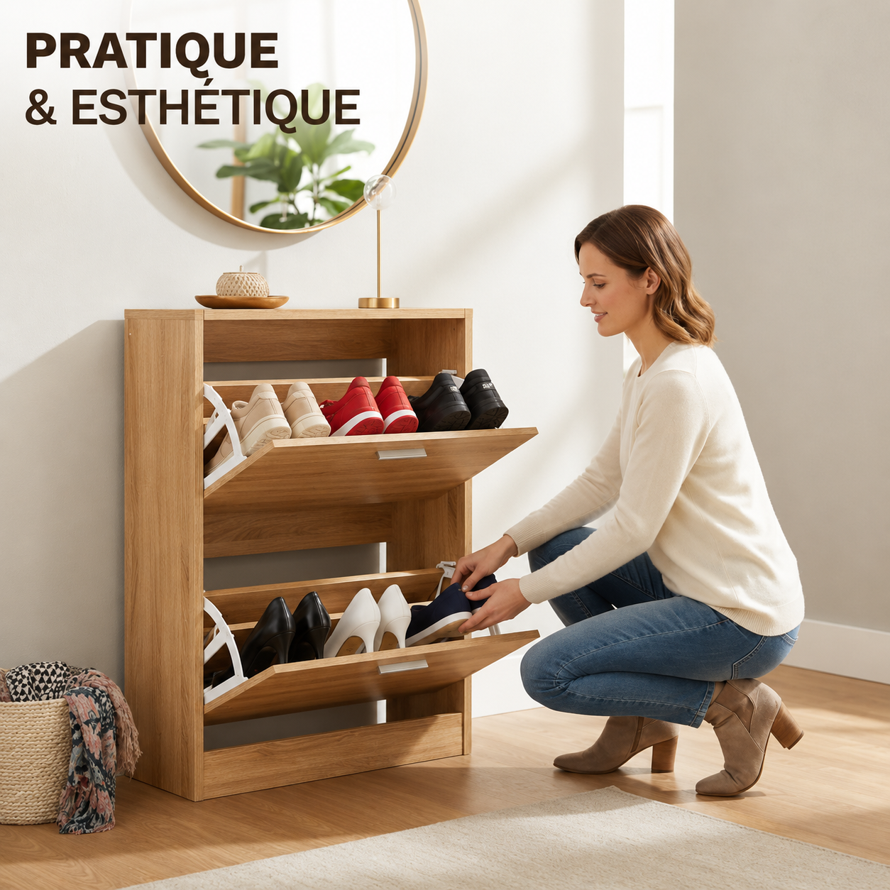 Meuble à Chaussures 12 Paires 2 Abattants – Armoire Étroite 24 cm Gain de Place – Meuble Entrée Bois clair 60x24x80 cm