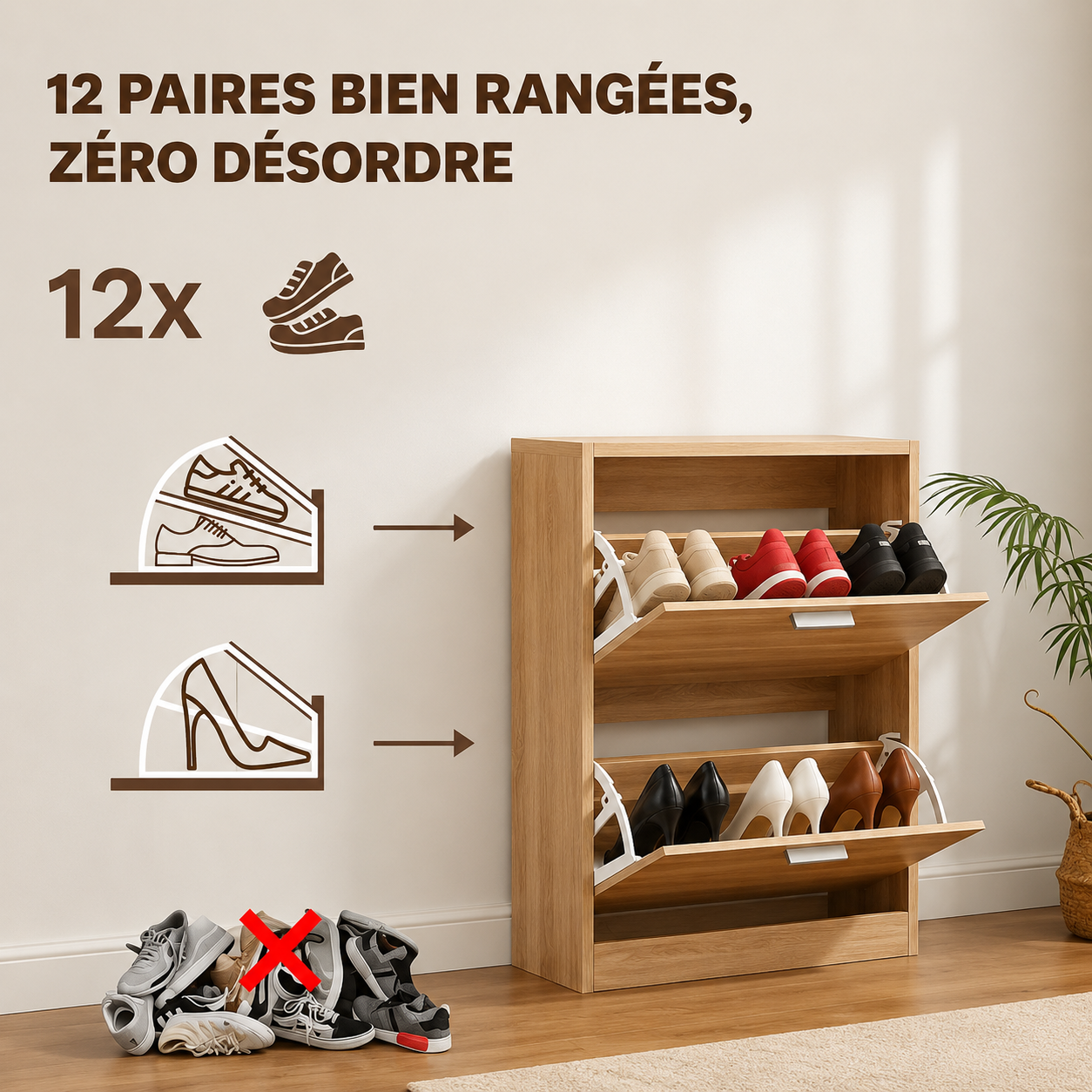 Meuble à Chaussures 12 Paires 2 Abattants – Armoire Étroite 24 cm Gain de Place – Meuble Entrée Bois clair 60x24x80 cm