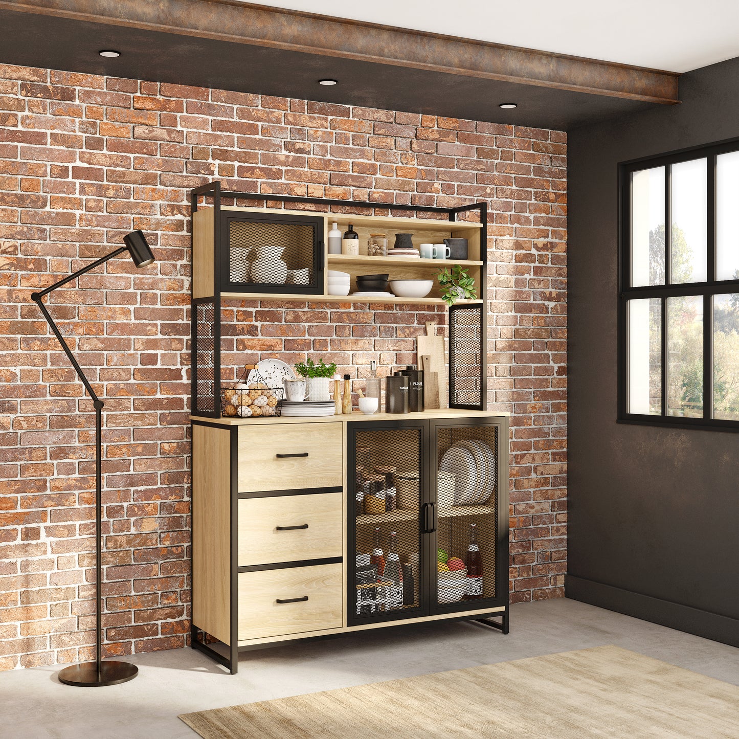 Buffet Cuisine Vaisselier avec Plan de Travail – Armoire Rangement 3 Portes 3 Tiroirs Bois & Métal Noir Mat 116x40x170 cm