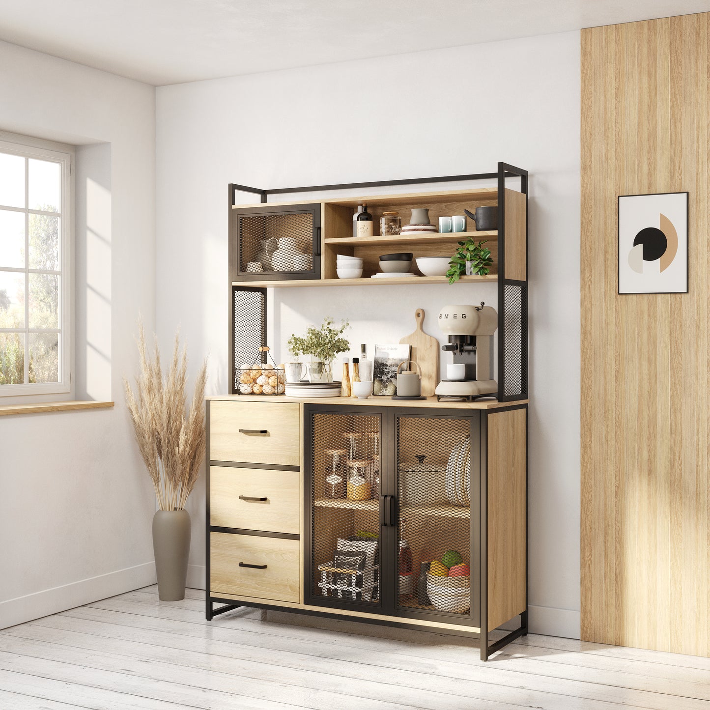 Buffet Cuisine Vaisselier avec Plan de Travail – Armoire Rangement 3 Portes 3 Tiroirs Bois & Métal Noir Mat 116x40x170 cm