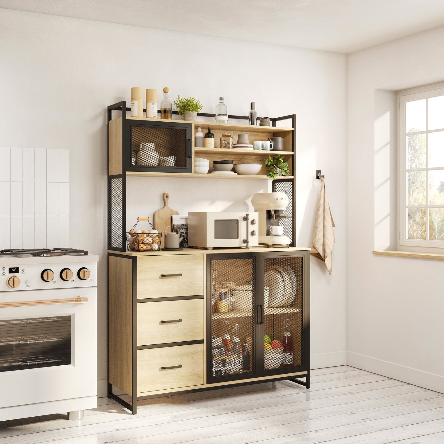 Buffet Cuisine Vaisselier avec Plan de Travail – Armoire Rangement 3 Portes 3 Tiroirs Bois & Métal Noir Mat 116x40x170 cm