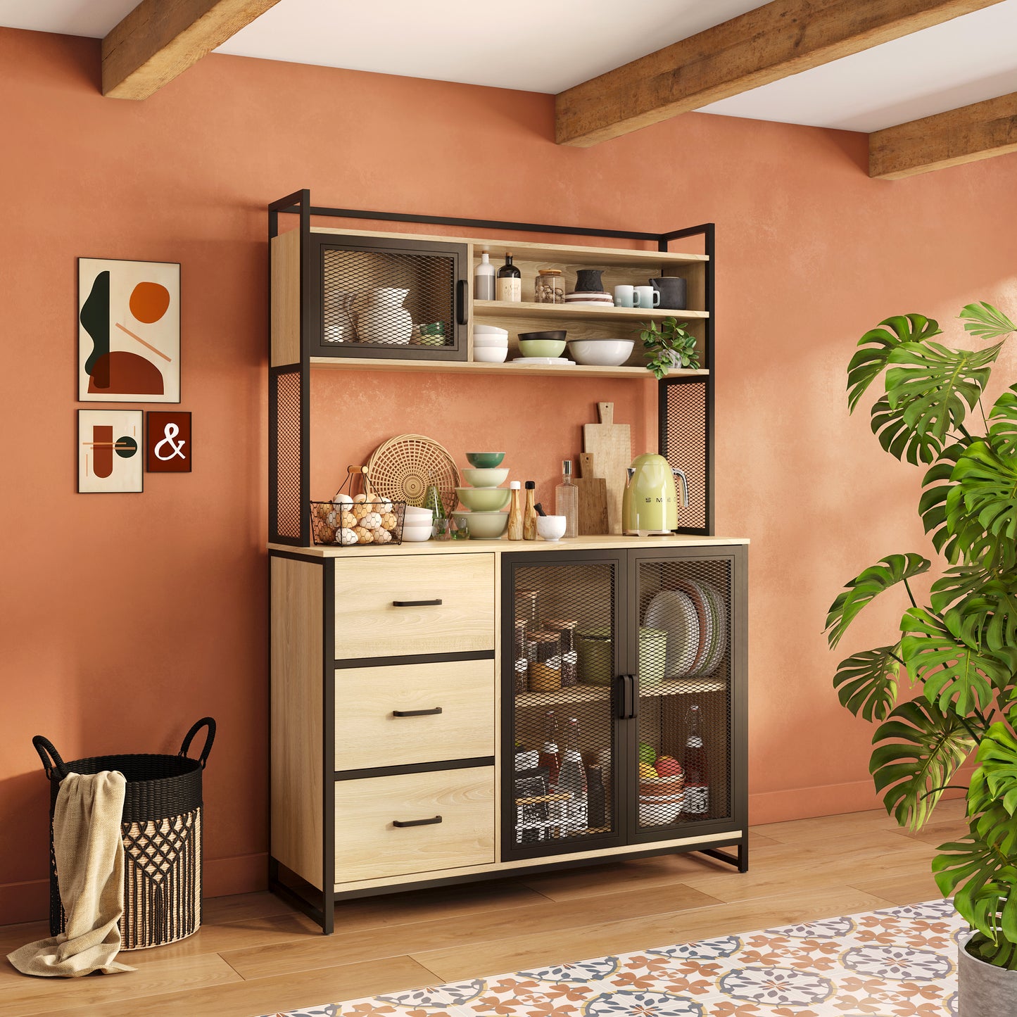 Buffet Cuisine Vaisselier avec Plan de Travail – Armoire Rangement 3 Portes 3 Tiroirs Bois & Métal Noir Mat 116x40x170 cm