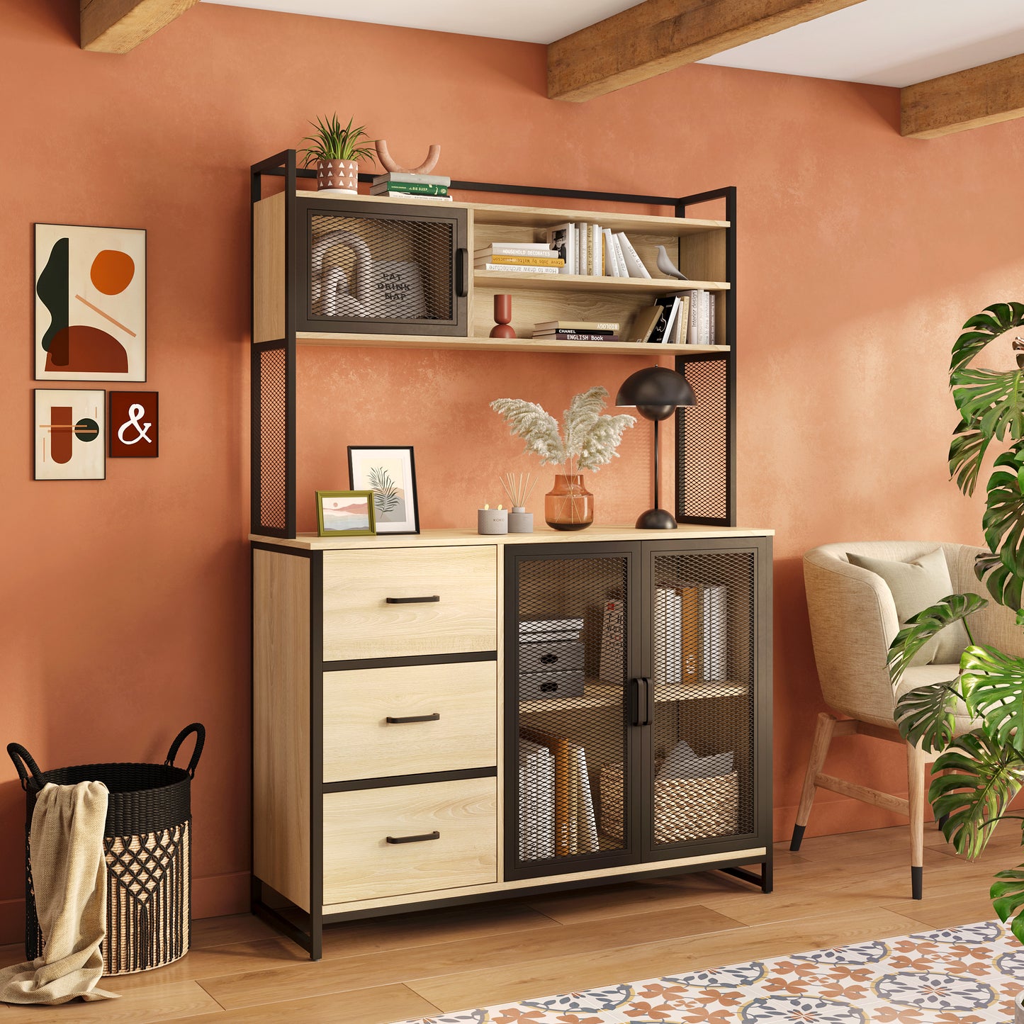 Buffet Cuisine Vaisselier avec Plan de Travail – Armoire Rangement 3 Portes 3 Tiroirs Bois & Métal Noir Mat 116x40x170 cm