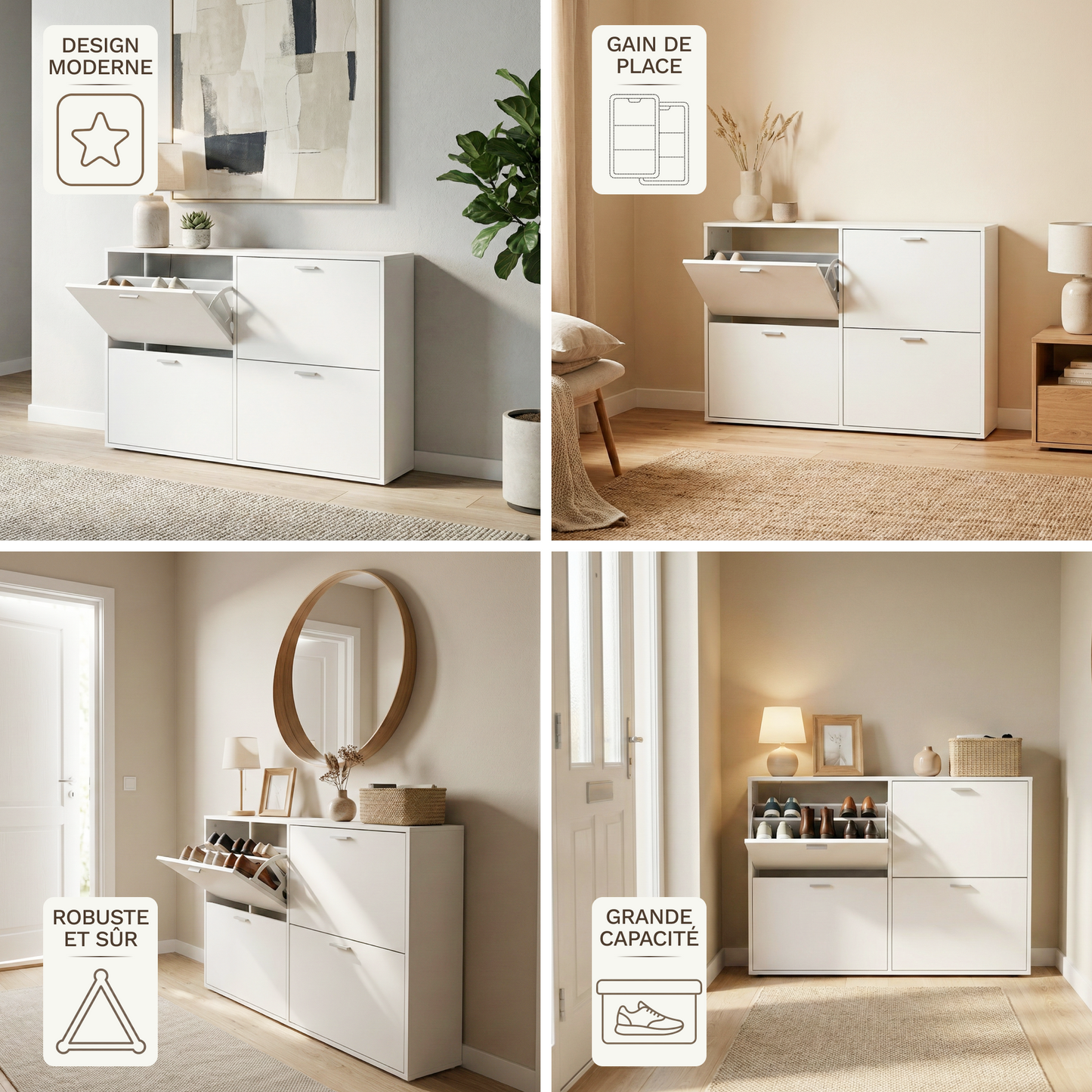 Meuble à Chaussures double 24 Paires 4 Abattants - Ultra Slim 23,5 cm - Rangement Entrée Gain de Place Blanc 118x23,5x75 cm