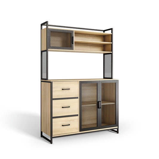 Buffet Cuisine Vaisselier avec Plan de Travail – Armoire Rangement 3 Portes 3 Tiroirs Bois & Métal Noir Mat 116x40x170 cm