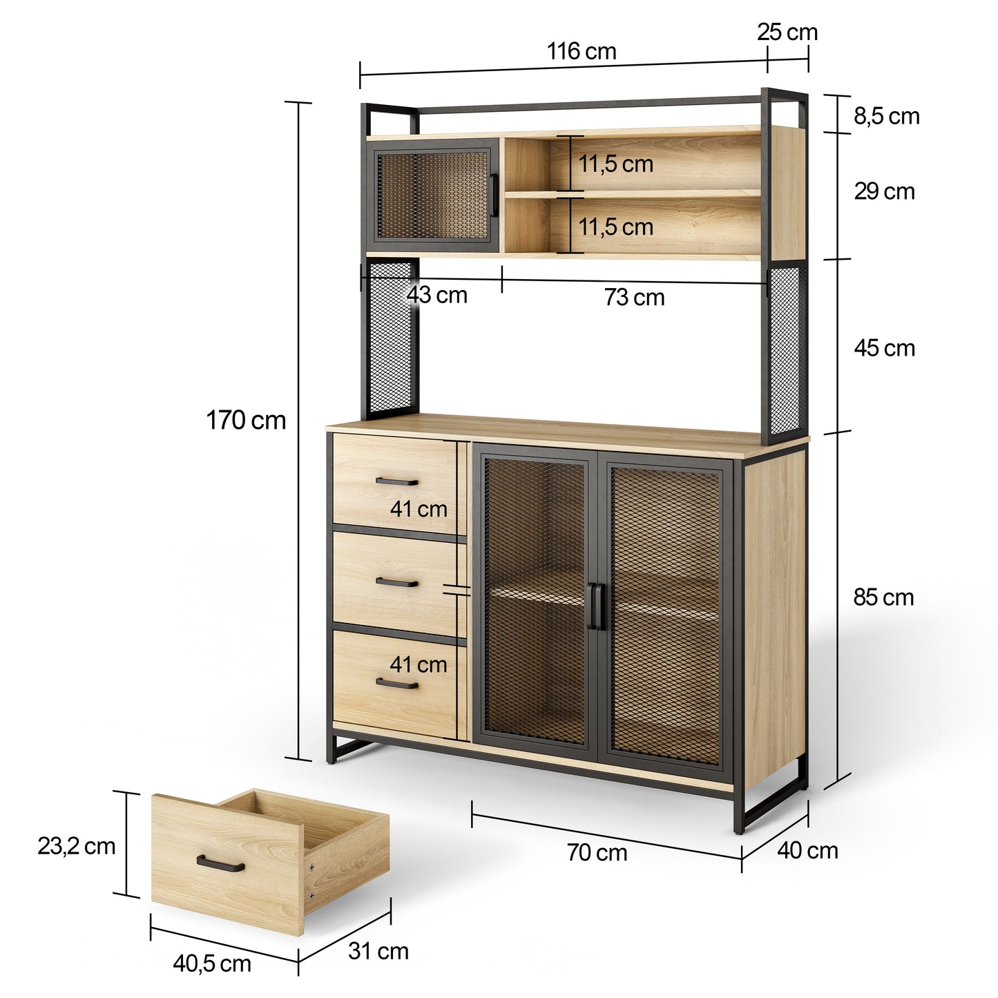 Buffet Cuisine Vaisselier avec Plan de Travail – Armoire Rangement 3 Portes 3 Tiroirs Bois & Métal Noir Mat 116x40x170 cm