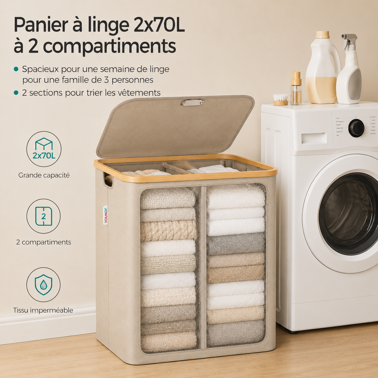 Panier à Linge en Bambou Beige avec Couvercle – Corbeille à Linge 140 L avec Double Sacs et Poignées