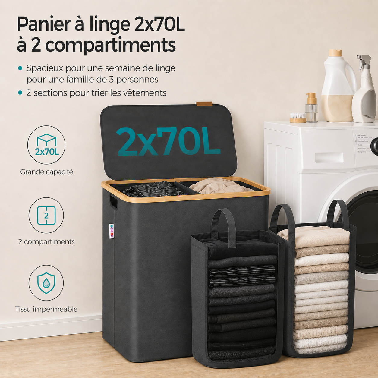 Panier à Linge en Bambou Noir avec Couvercle – Corbeille à Linge 140 L avec Double Sacs et Poignées