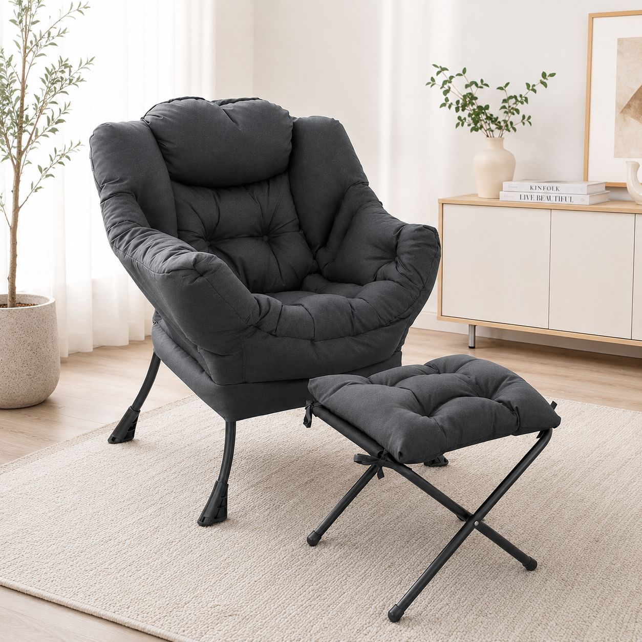Fauteuil Design Velours avec Repose-Pieds – Confort et Structure Robuste – Fauteuil 75x70x104 cm, Tabouret 34x34x32 cm