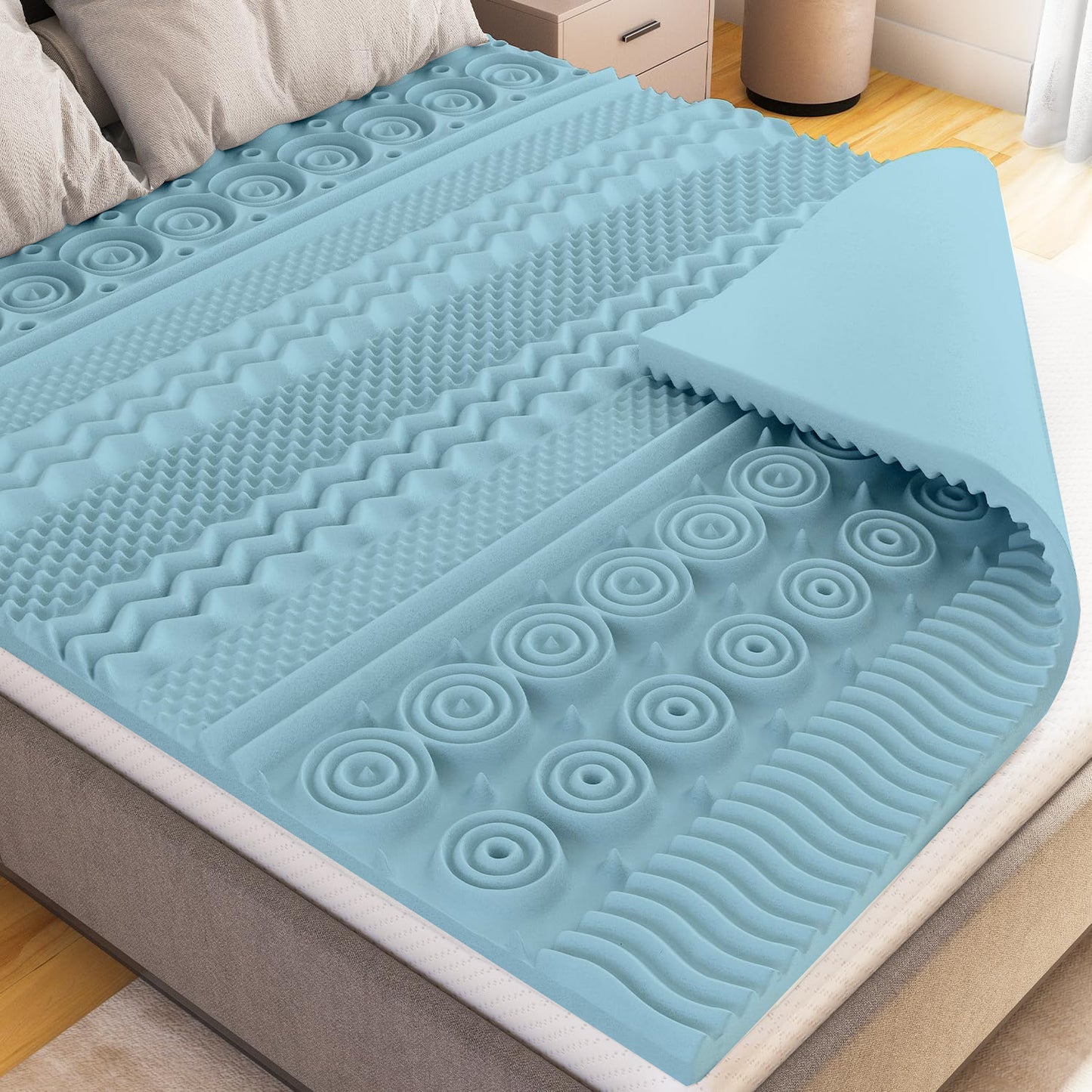 Surmatelas 5 CM- Mousse à Mémoire de Forme avec Gel + Housse Bambou - Confort Ergonomique avec 13 Zones de