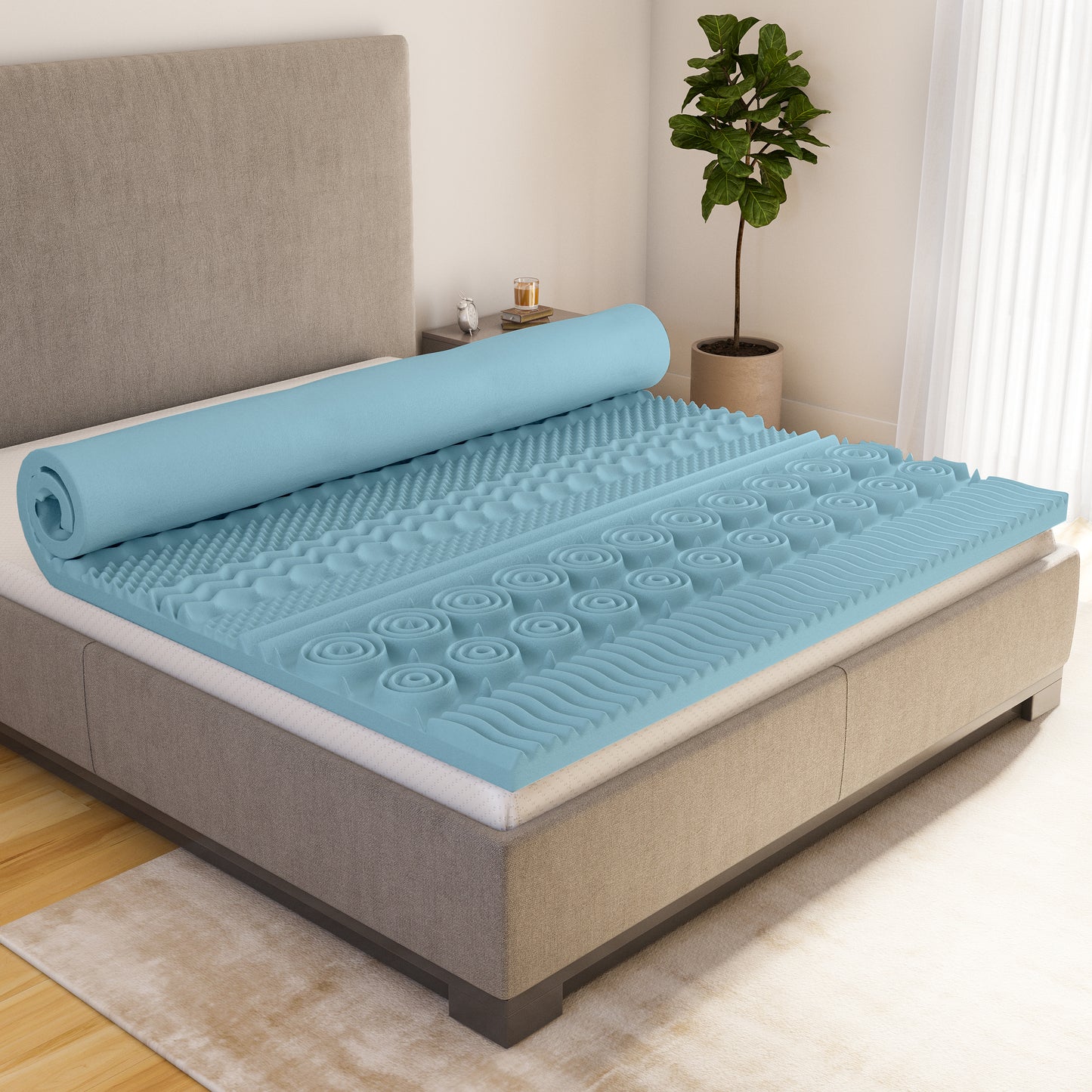 Surmatelas 5 CM- Mousse à Mémoire de Forme avec Gel + Housse Bambou - Confort Ergonomique avec 13 Zones de