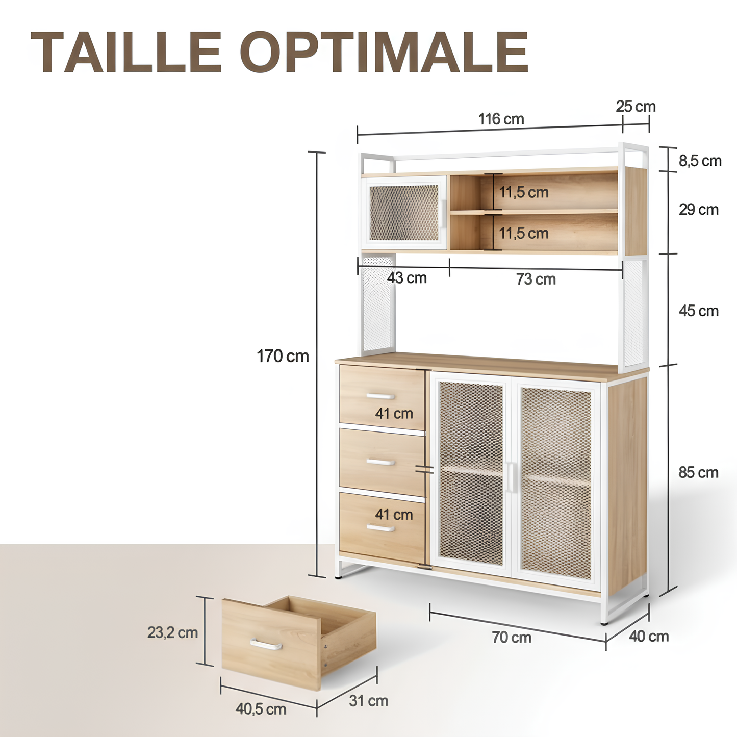 Buffet Cuisine Vaisselier avec Plan de Travail – Armoire Rangement 3 Portes 3 Tiroirs Bois & Métal Blanc 116x40x170 cm