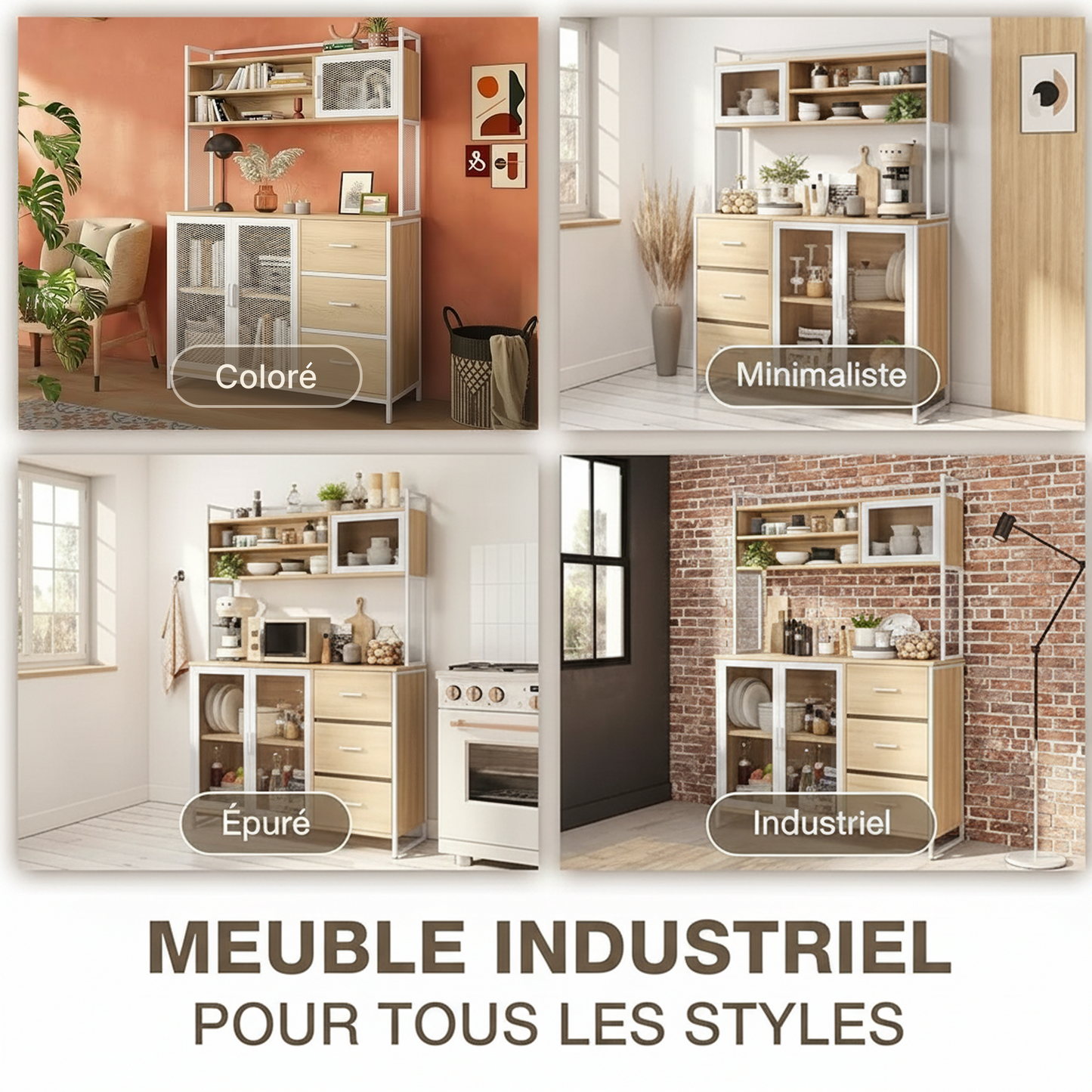 Buffet Cuisine Vaisselier avec Plan de Travail – Armoire Rangement 3 Portes 3 Tiroirs Bois & Métal Blanc 116x40x170 cm