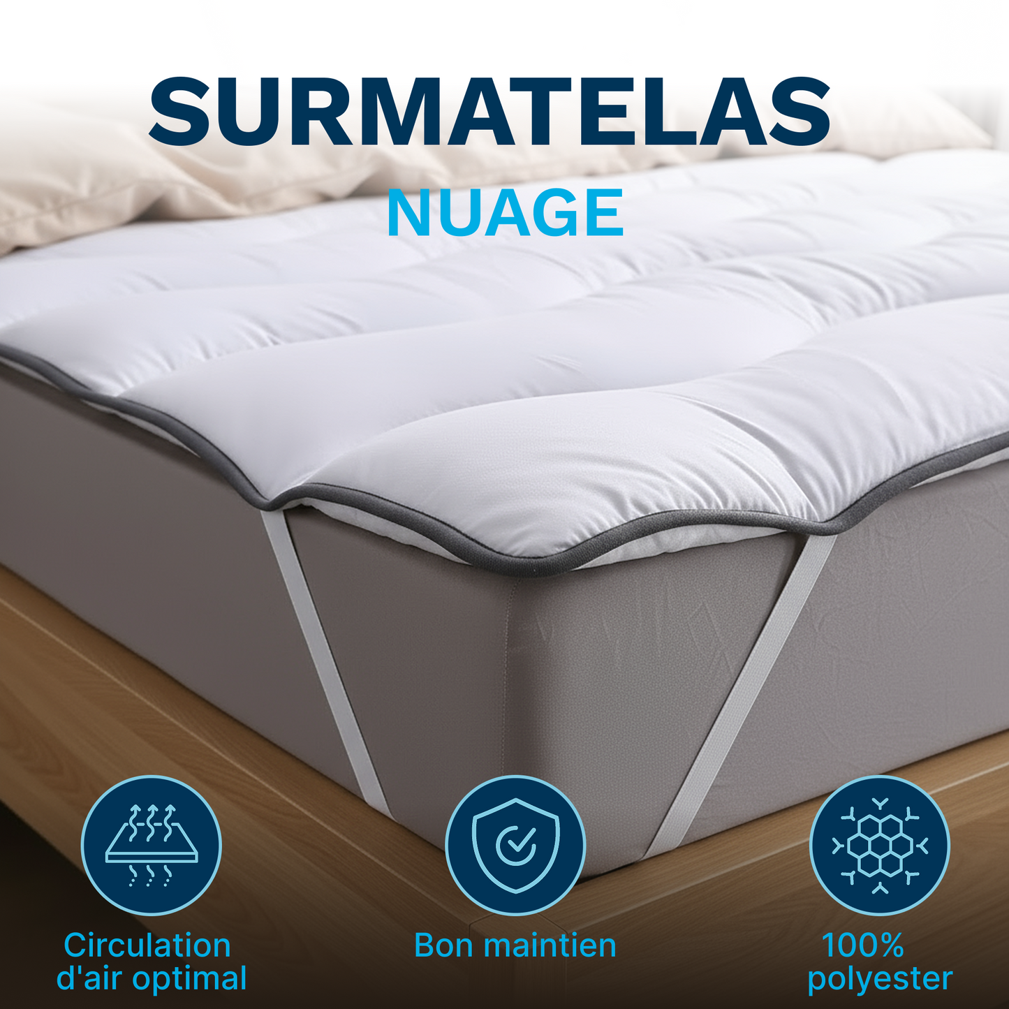 Surmatelas Nuage - Hypoallergénique, Respirant, Anti-Acariens, Idéal Matelas 2 Places