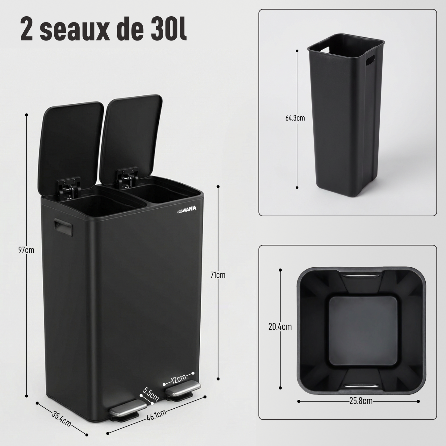Poubelle Double Compartiment 2 x 30L, Pédales Métal, 2 Seaux Plastique, Fermeture Douceur, Hermétique
