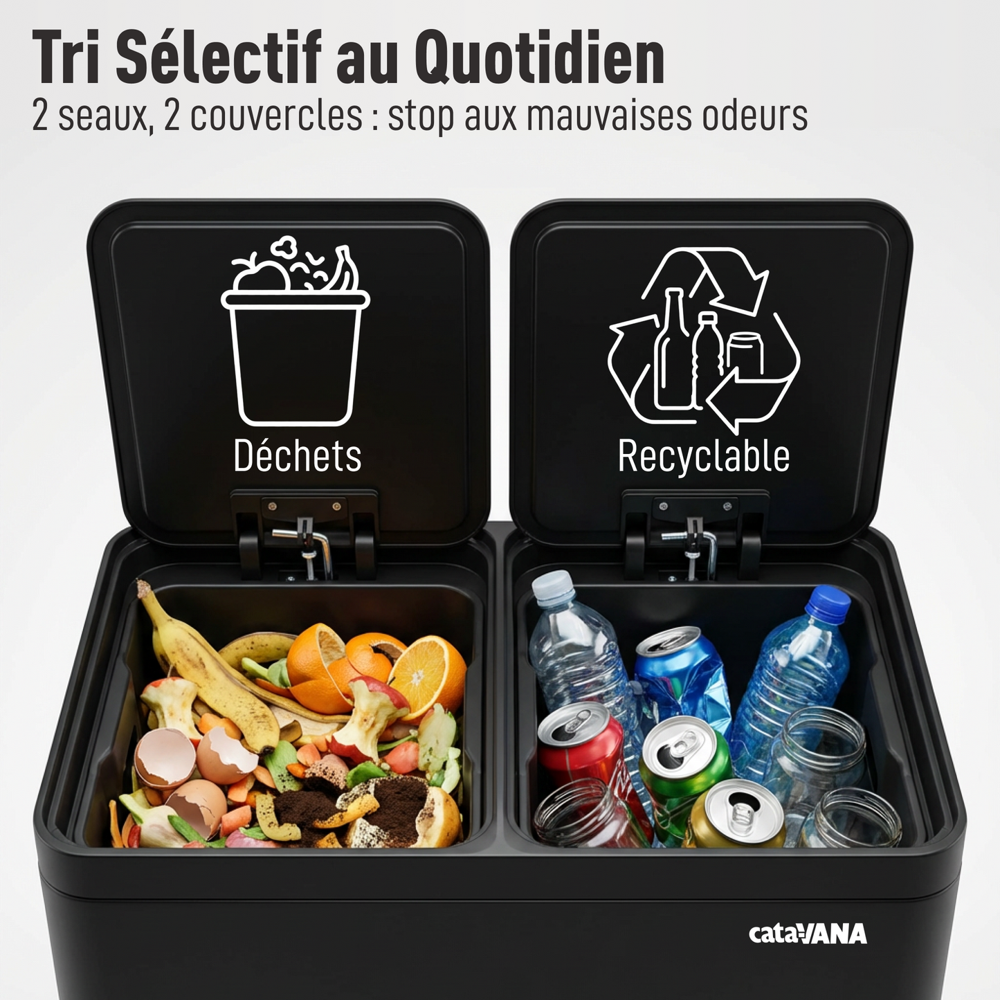 Poubelle Double Compartiment 2 x 30L, Pédales Métal, 2 Seaux Plastique, Fermeture Douceur, Hermétique