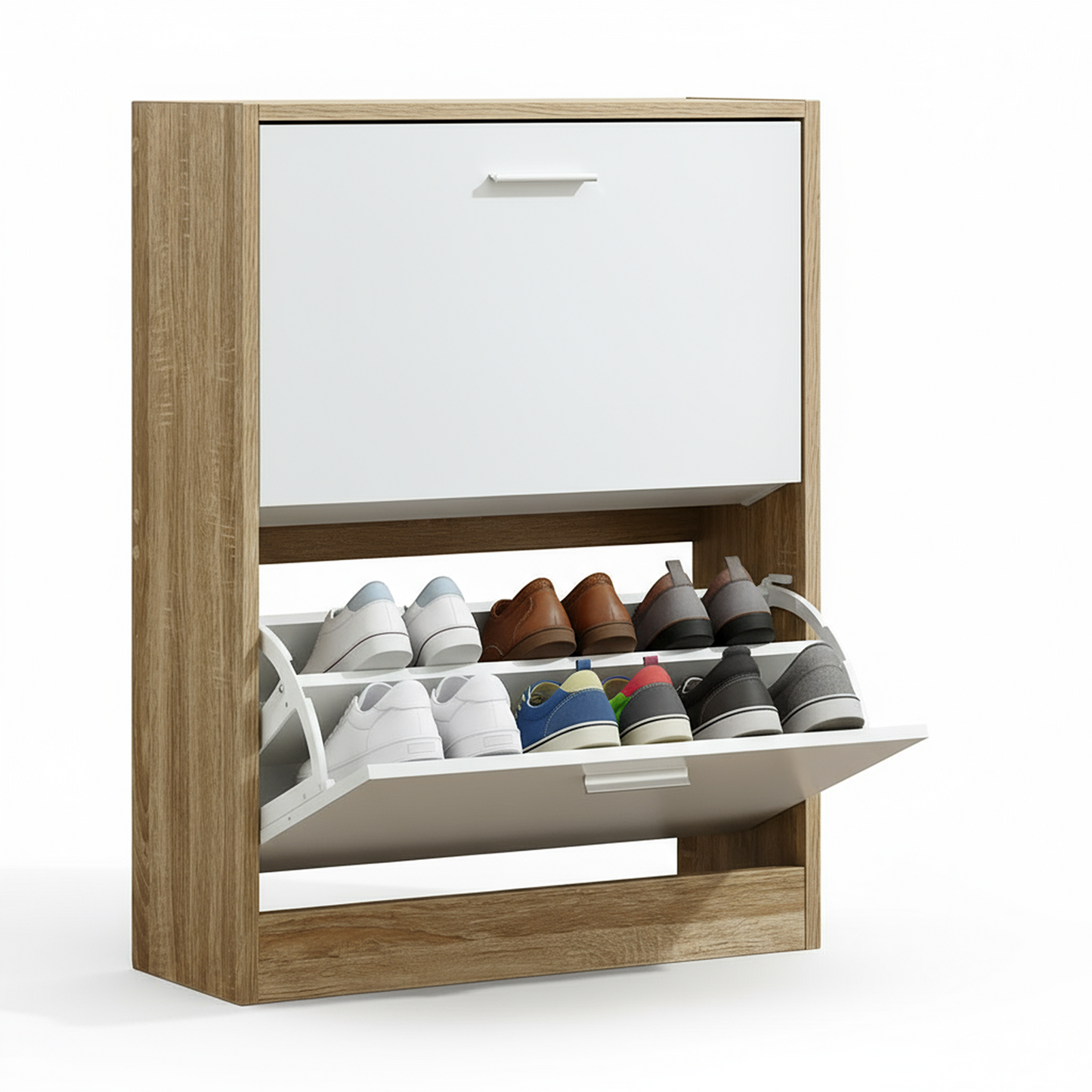 Meuble à Chaussures 2 Étagères 12 Paires Portes Blanches et Cadre Bois Clair 60x24x80 cm (Copie)