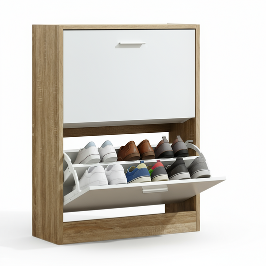 Meuble à Chaussures 2 Étagères 12 Paires Portes Blanches et Cadre Bois Clair 60x24x80 cm