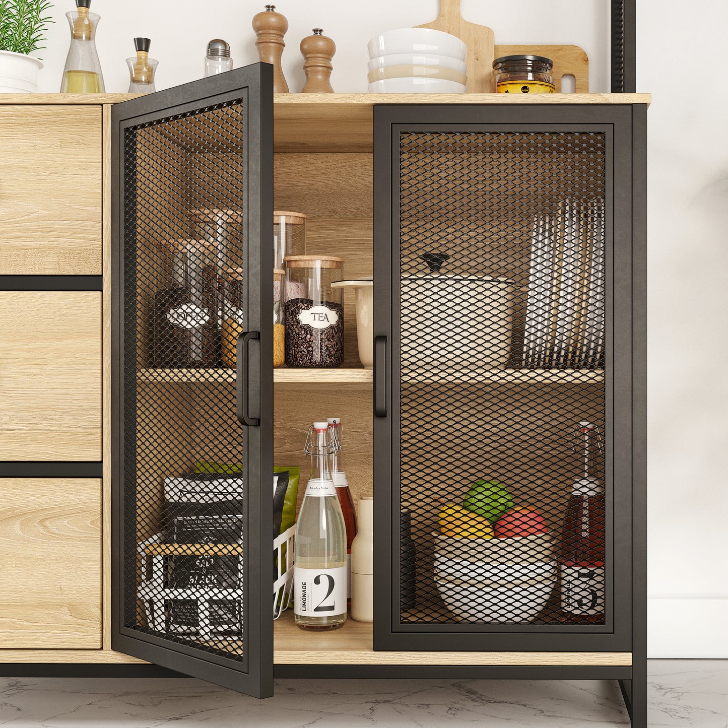 Buffet Cuisine Vaisselier avec Plan de Travail – Armoire Rangement 3 Portes 3 Tiroirs Bois & Métal Noir Mat 116x40x170 cm
