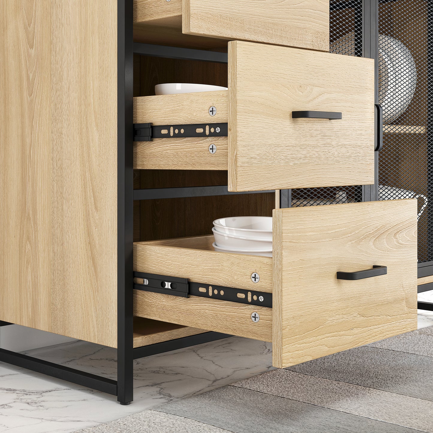 Buffet Cuisine Vaisselier avec Plan de Travail – Armoire Rangement 3 Portes 3 Tiroirs Bois & Métal Noir Mat 116x40x170 cm