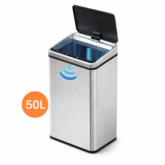 Poubelle Automatique 50L Inox Cuisine – Capteur Infrarouge Sans Contact, Fermeture Silencieuse, Anti-Traces, Réglable