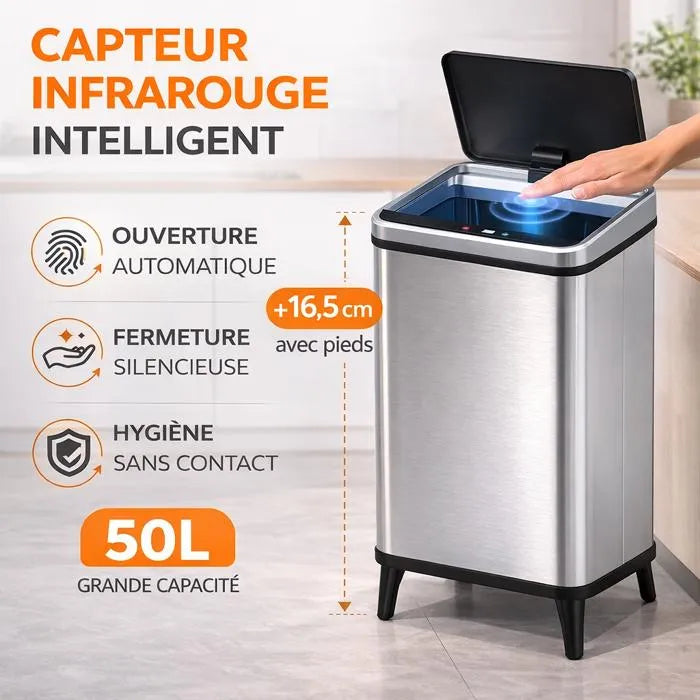 Poubelle Automatique 50L Inox Cuisine – Capteur Infrarouge Sans Contact, Fermeture Silencieuse, Anti-Traces, Réglable