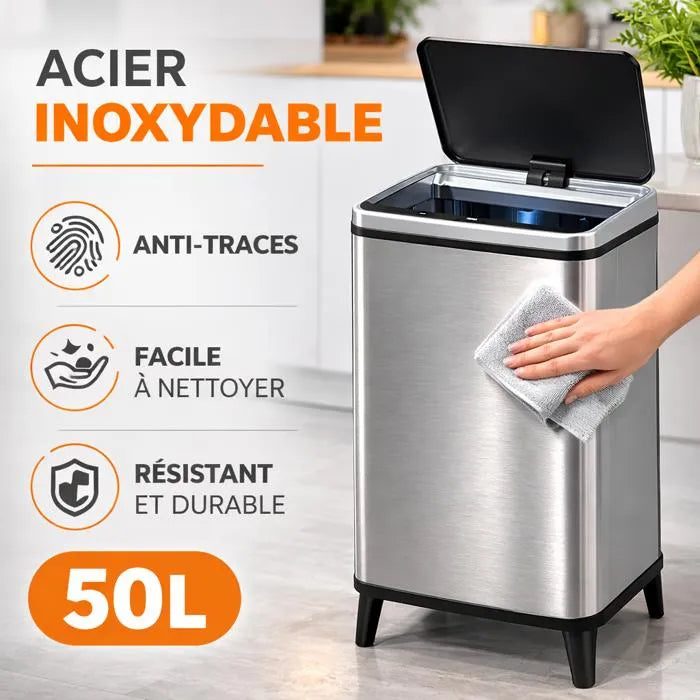 Poubelle Automatique 50L Inox Cuisine – Capteur Infrarouge Sans Contact, Fermeture Silencieuse, Anti-Traces, Réglable