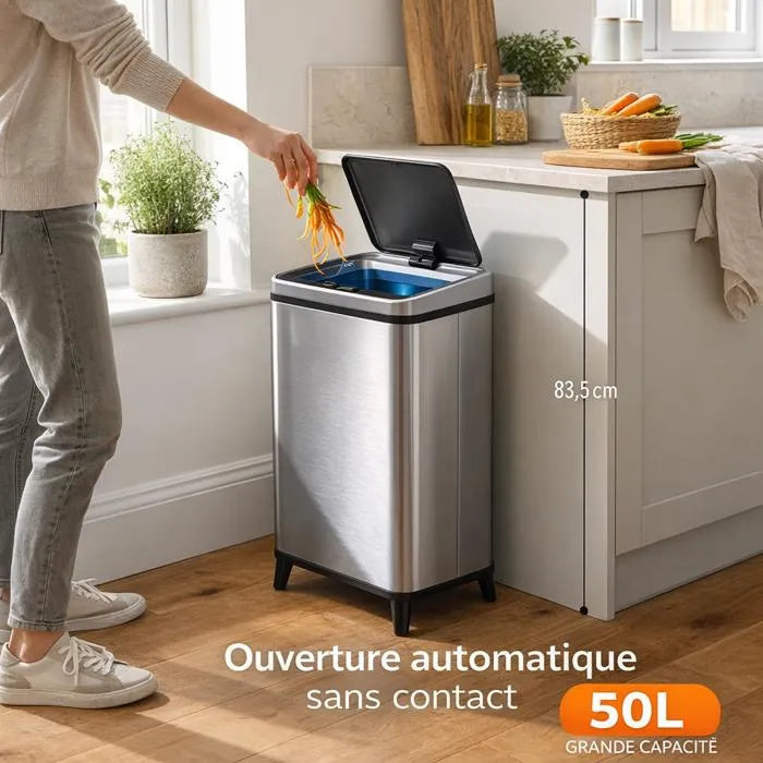 Poubelle Automatique 50L Inox Cuisine – Capteur Infrarouge Sans Contact, Fermeture Silencieuse, Anti-Traces, Réglable