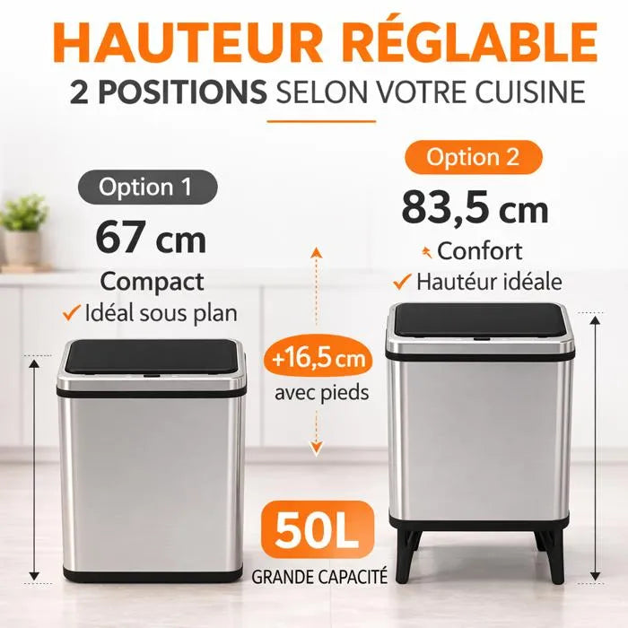 Poubelle Automatique 50L Inox Cuisine – Capteur Infrarouge Sans Contact, Fermeture Silencieuse, Anti-Traces, Réglable