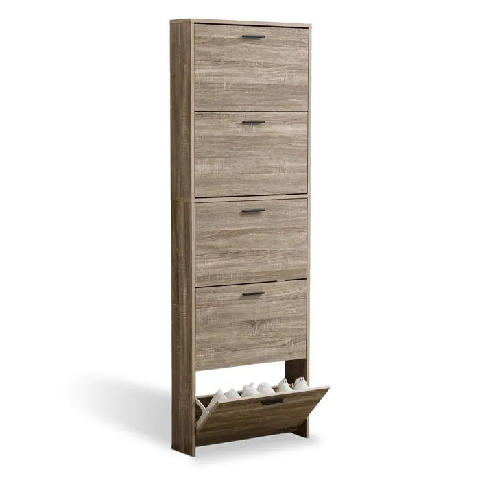 Meuble de Rangement à Chaussures - 15 Paires - 5 abattants - Dimensions : L60xP24xH180 cm - Bois Clair