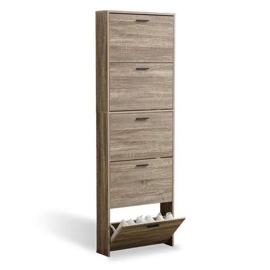 Meuble de Rangement à Chaussures - 15 Paires - 5 abattants - Dimensions : L60xP24xH180 cm - Bois Clair