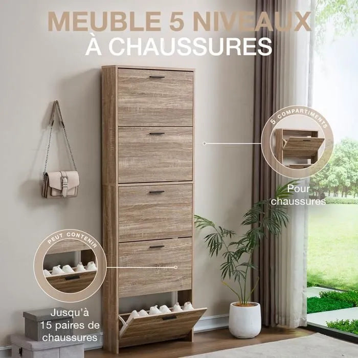 Meuble de Rangement à Chaussures - 15 Paires - 5 abattants - Dimensions : L60xP24xH180 cm - Bois Clair