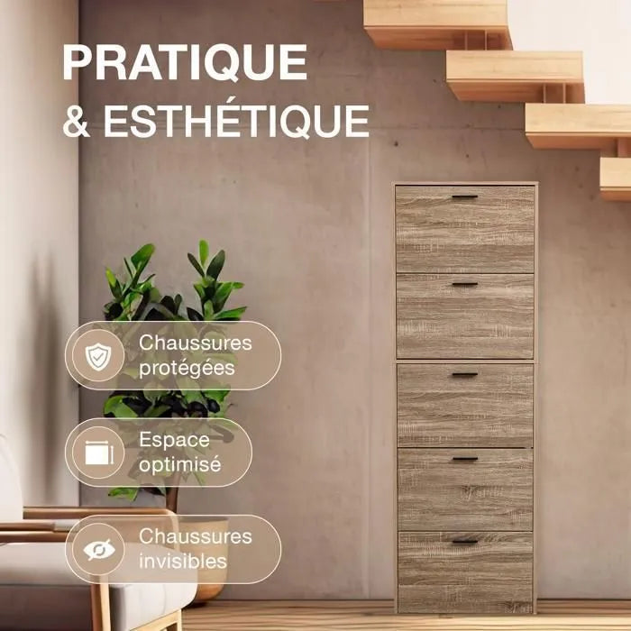 Meuble de Rangement à Chaussures - 15 Paires - 5 abattants - Dimensions : L60xP24xH180 cm - Bois Clair