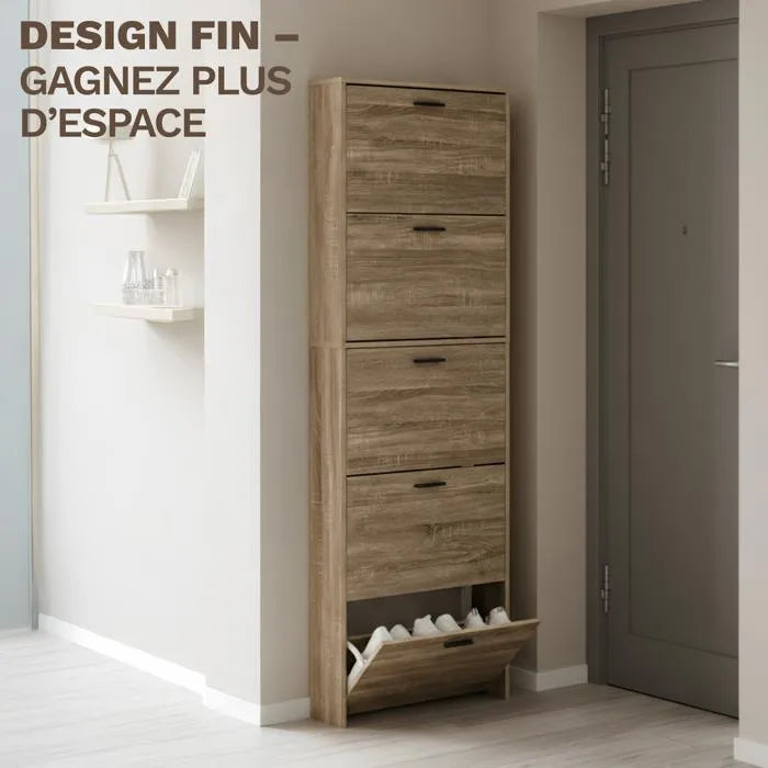 Meuble de Rangement à Chaussures - 15 Paires - 5 abattants - Dimensions : L60xP24xH180 cm - Bois Clair