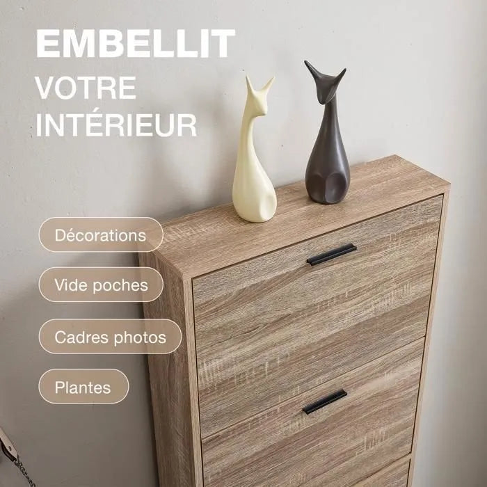 Meuble de Rangement à Chaussures - 15 Paires - 5 abattants - Dimensions : L60xP24xH180 cm - Bois Clair