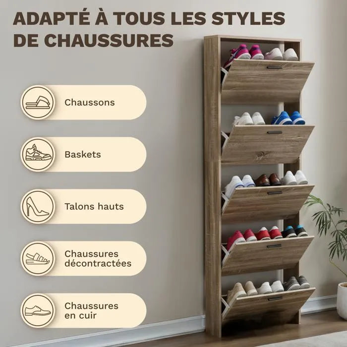 Meuble de Rangement à Chaussures - 15 Paires - 5 abattants - Dimensions : L60xP24xH180 cm - Bois Clair