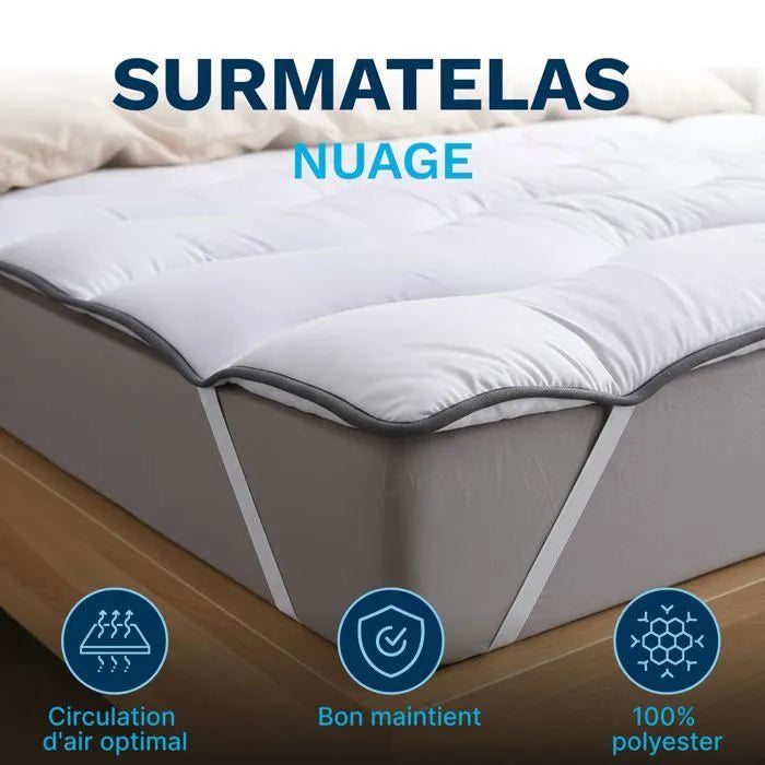 Surmatelas Nuage - 180x200 cm - Hypoallergénique, Respirant, Anti-Acariens, Idéal Matelas 2 Places